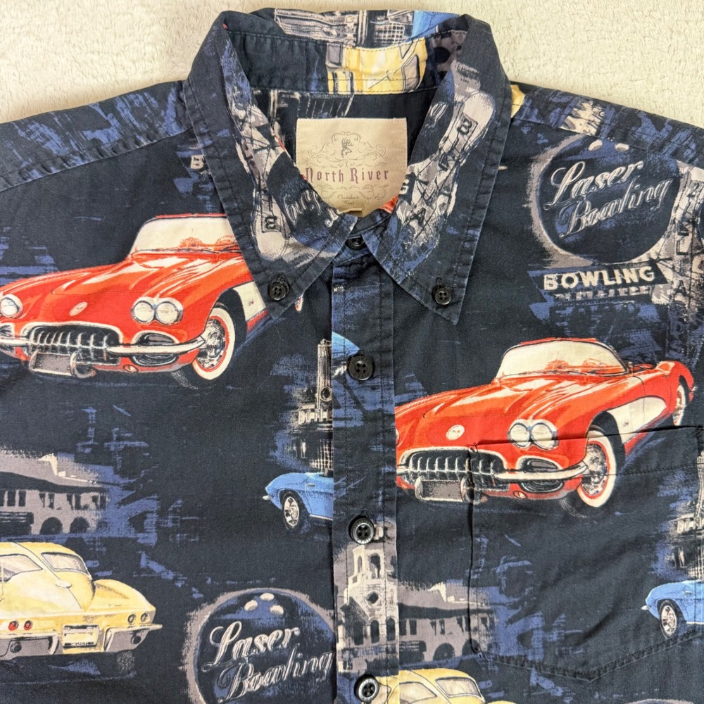 North‎ River Button Down Shirt Mens M Black Corvette Laser Bowling Classic Car